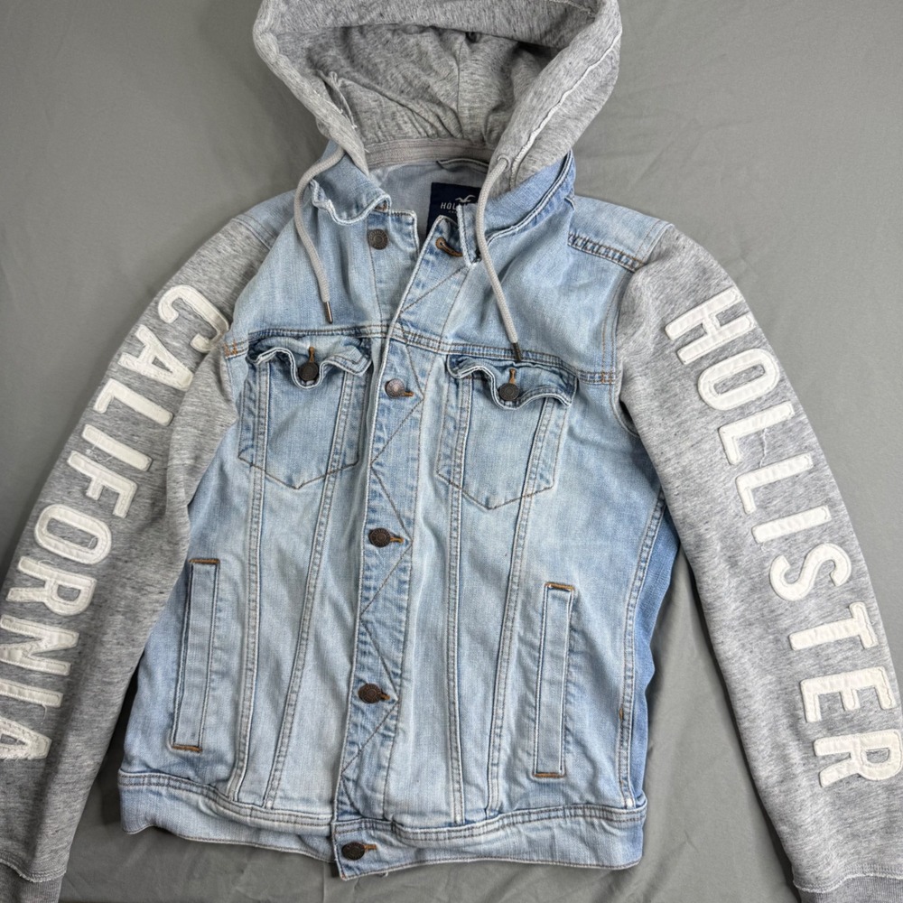 Hollister Epic Flex Denim Jacket Hooded Jersey Sleeve California Blue Gray Small